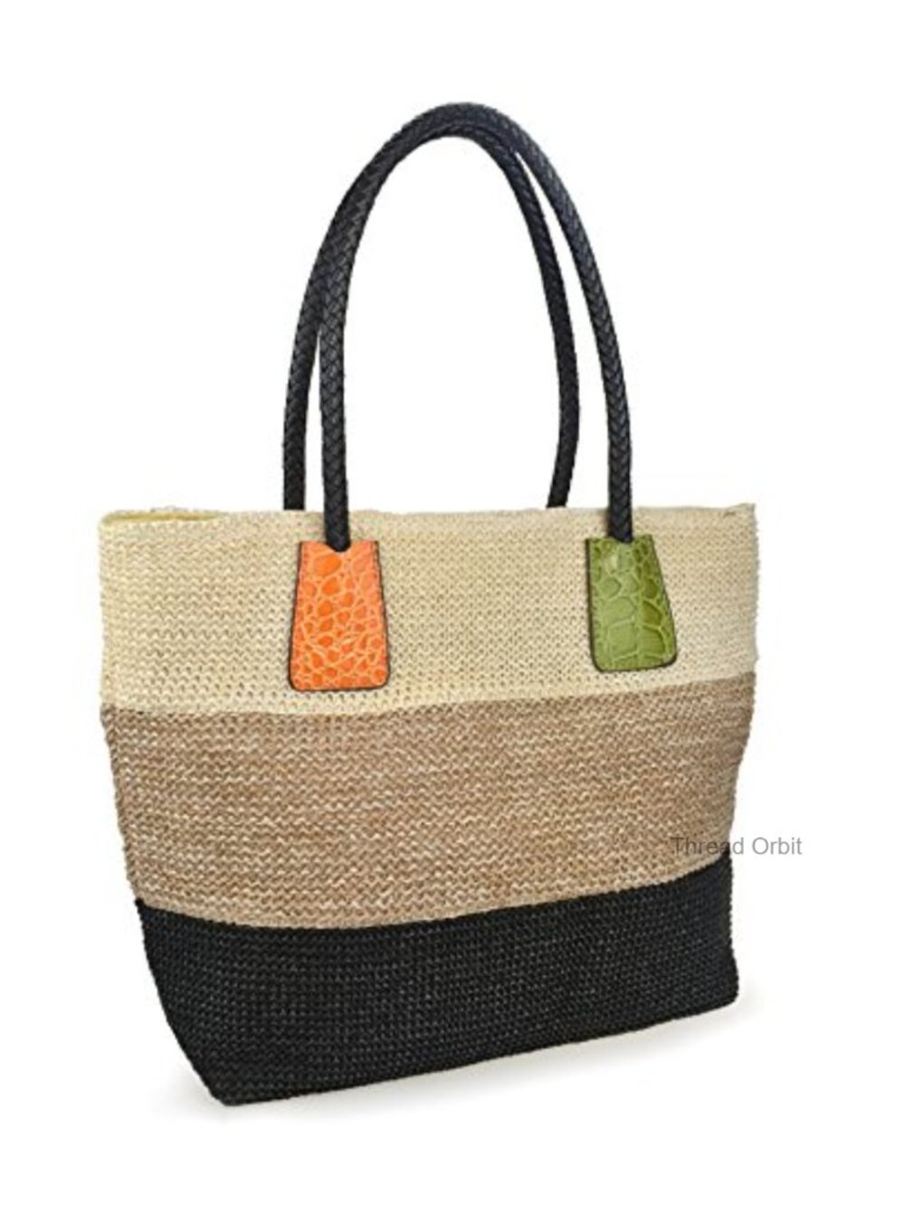 Color Block Crocodile Pattern Stripes Woven Synthetic Straw Tote Shoulder